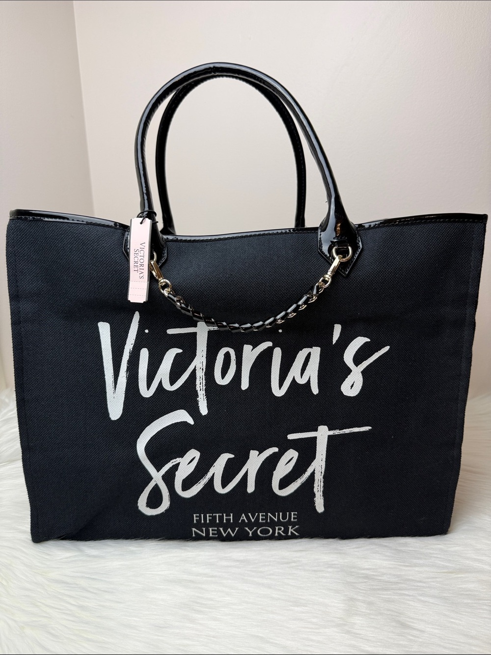 NWT Vintage Victoria's Secret Black Canvas Tote with Gold Chain-Accent Handles